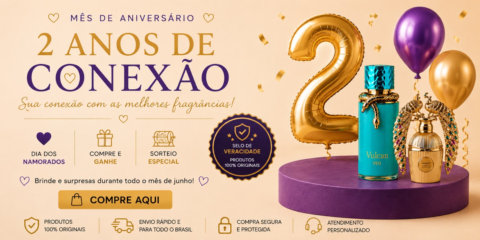 Banner de aniversario de 2 anos da Conexao Perfumaria